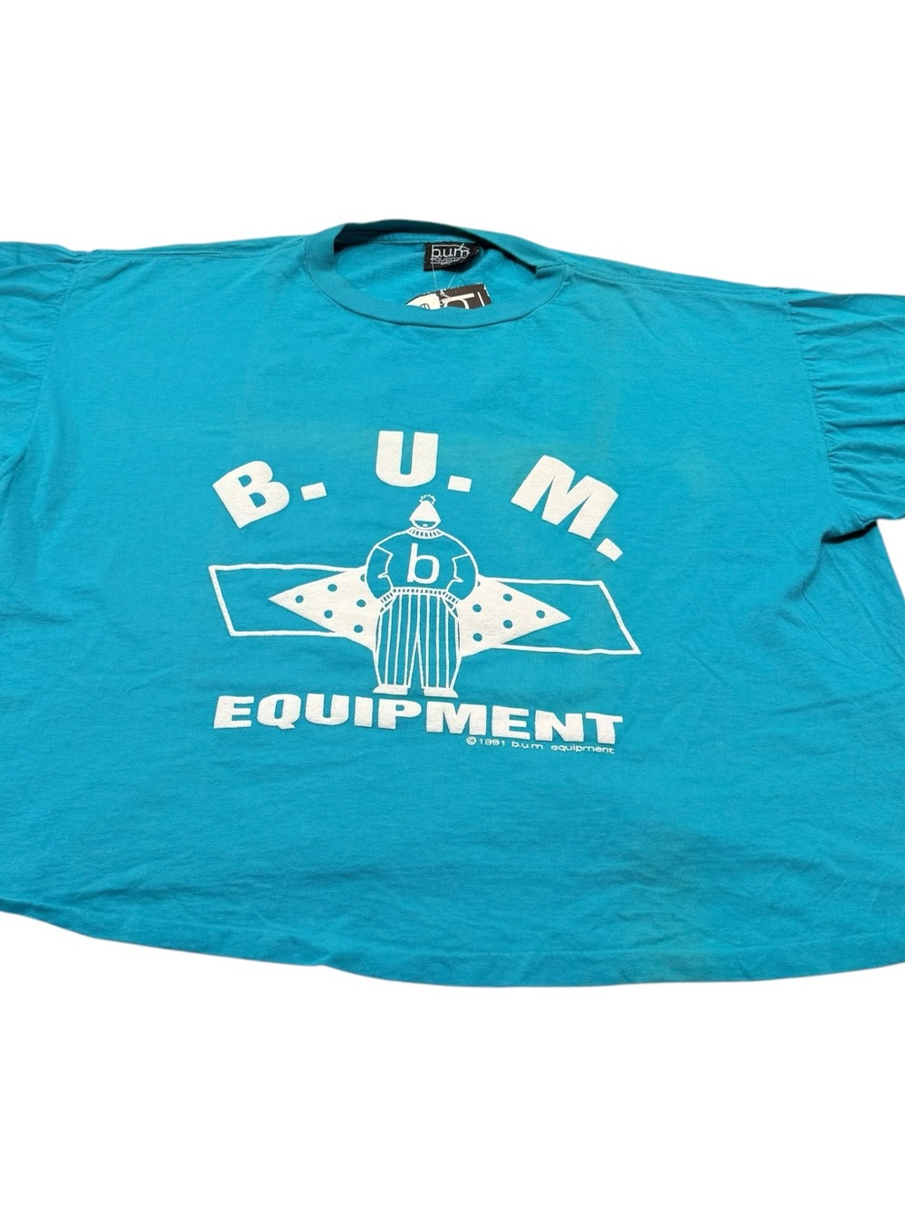 Vtg 90s BUM Mens L T Shirt Teal Blue White Puffy Paint Single Stitch Crop READ